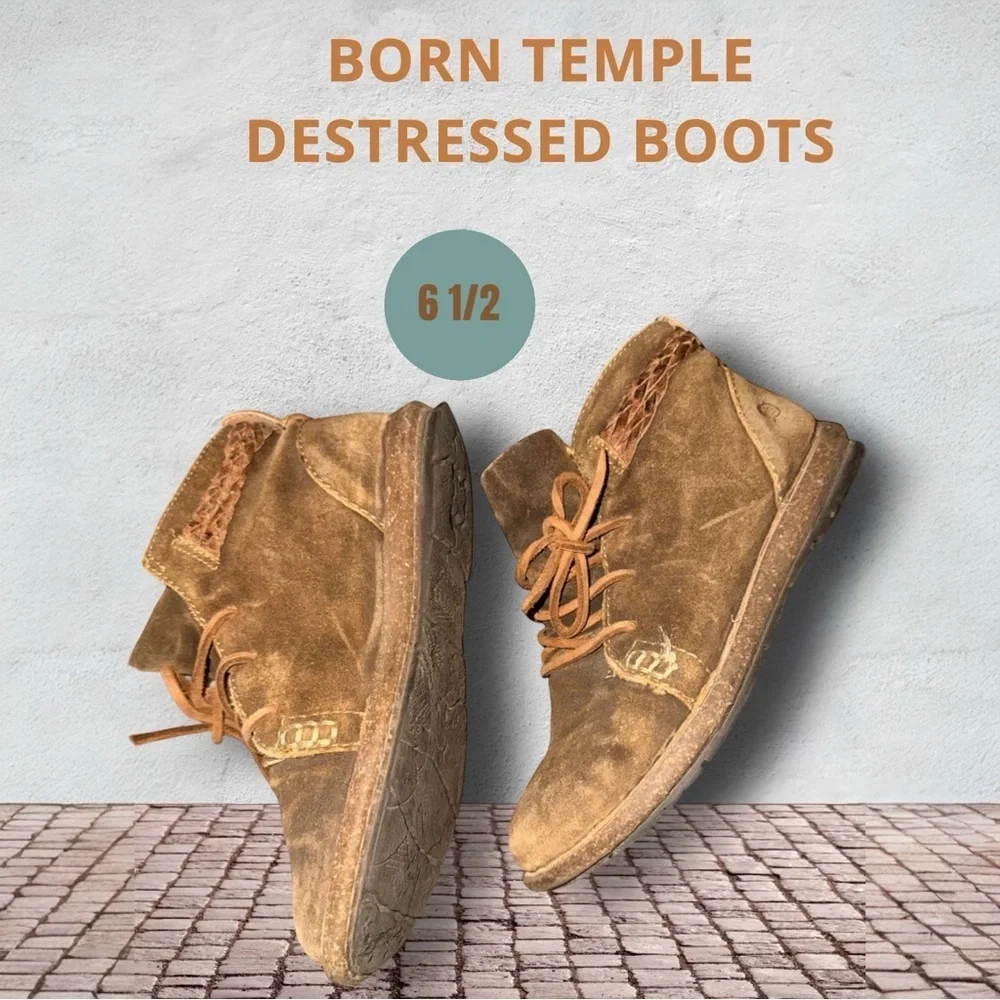 πΊBorn Temple Destressed Brown Suede Ankle Boots - Picture 2 of 5